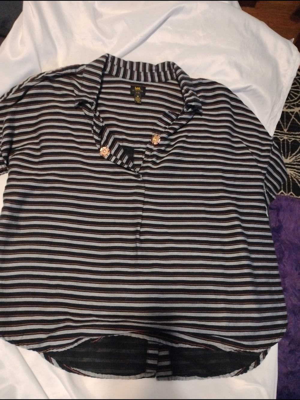 Lee Black and White Striped Short Sleeve Polo Tee